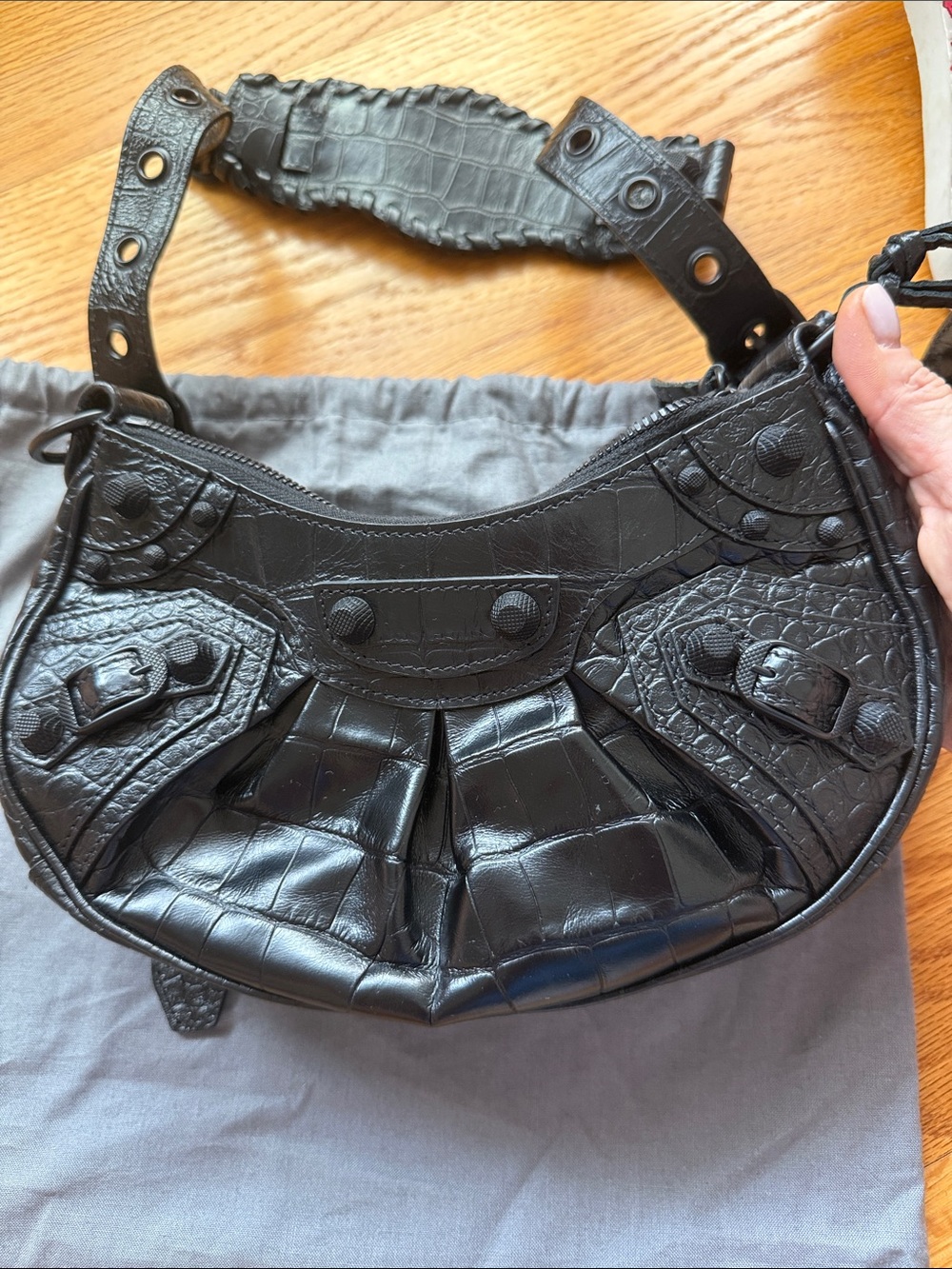 Balenciaga Black Croc-Embossed Shoulder Bag with Heart Charm - Picture 3 of 5